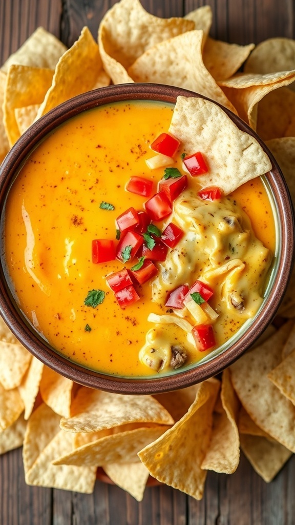A bowl of hamburger queso dip with tortilla chips on a wooden table.